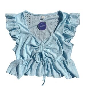 SweatyRocks Light Blue Eyelet Lace Ruched Drawstring Ruffle Crop Top Large NWT